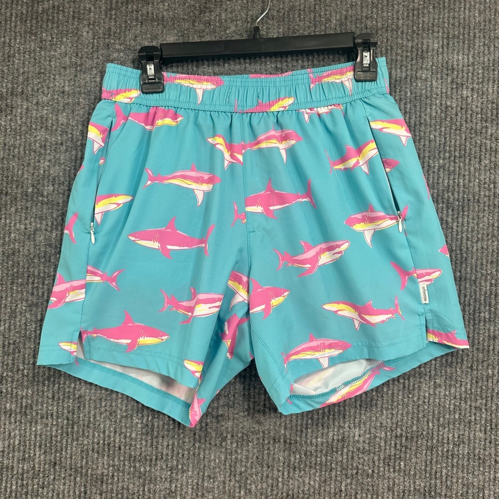 Maamgic Swim Trunks Mens Medium Turquoise Pink Shark Print Good 5 Inch Inseam
